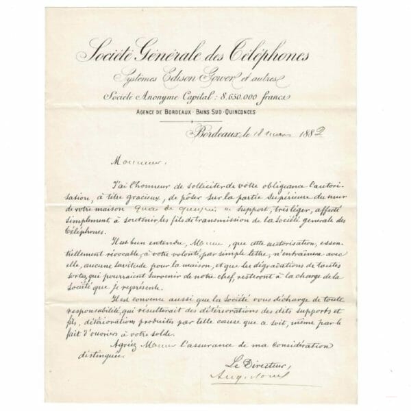 Lettre de mars 1882 pour installer le réseau téléphonique sur la rive droite de Bordeaux.