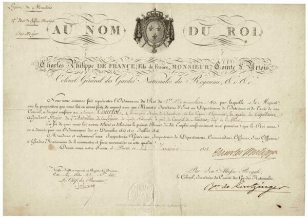 brevet signé du comte d’Artois futur Charles X)